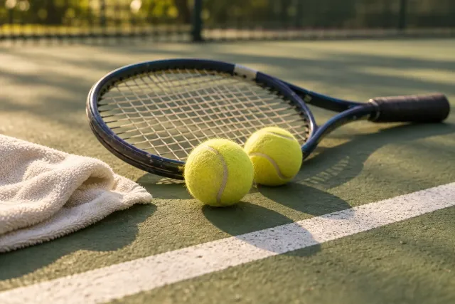 Two tennis balls beside a racket on a sunlit green court