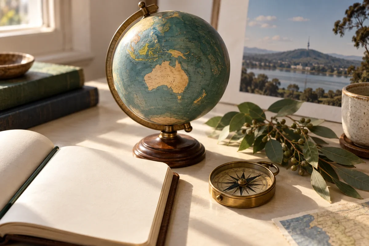 A globe, travel notebook and compass on a sunlit desk